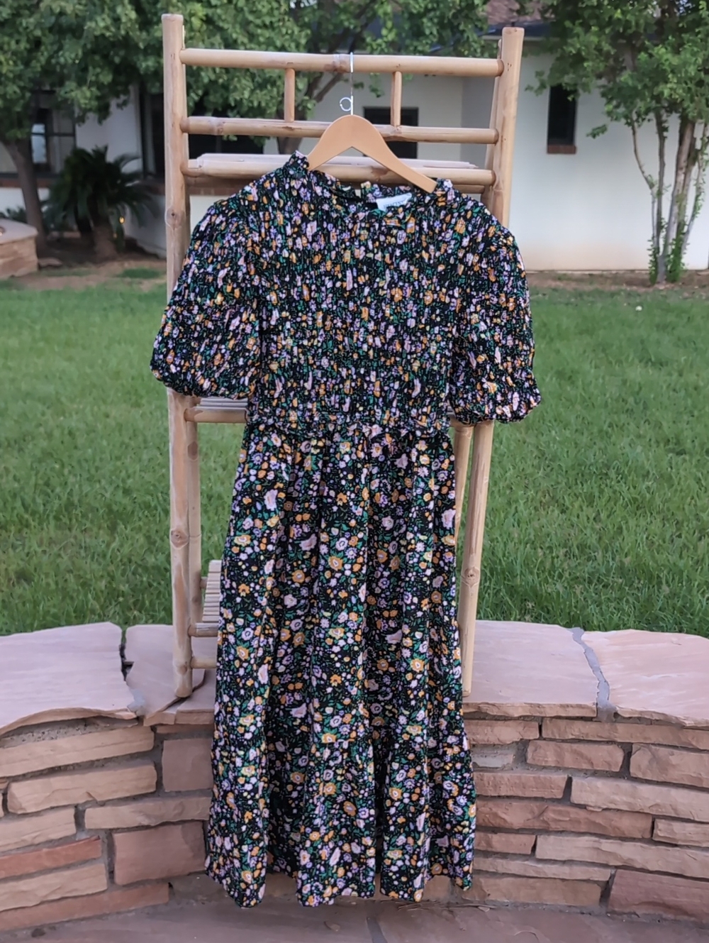 Hyacinth House Black Floral Smocked Midi Dress with Puff Sleeves